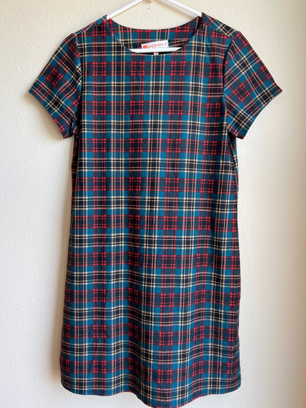 Jude Connally Plaid Short Sleeve Shift Dress Jude Cloth Teal Red Yellow Medium M